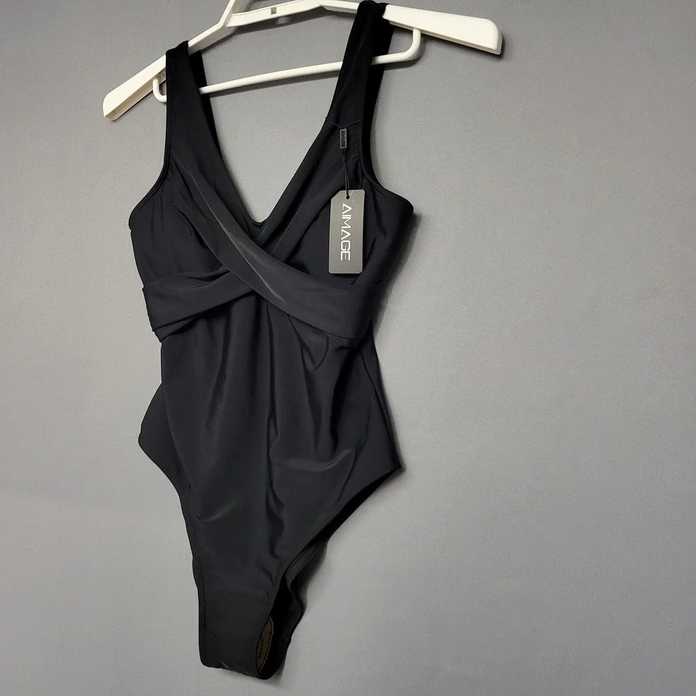 AIMAGE Swimsuit Womens Large‎ One Piece V Neck Ruched Tummy Control Bathing Suit